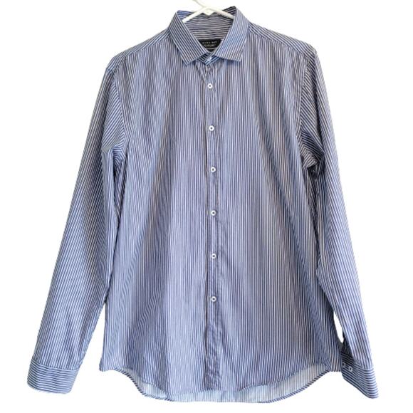Zara Men's Blue Stripe Tailored Fit Button Up Shirt Cotton Collared Soft Size L - Picture 1 of 6